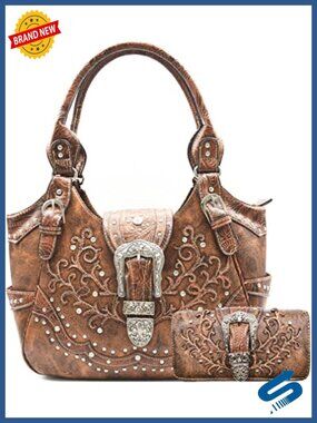 Vegan Leather Tooled Western Hobo Handbag with Concealed Carry Pocket Wallet Set